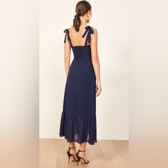 Reformation Sleeveless Navy Blue Flirty Nikita Shoulder Tie Crepe Midi Dress - Picture 11 of 11